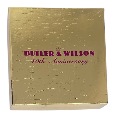 Vintage Butler & Wilson family of three owls brooch with crystal-set branch, colourful enamel leaves, original sealed packaging and 40th anniversary gold box.