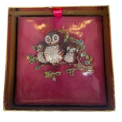 Vintage Butler & Wilson family of three owls brooch with crystal-set branch, colourful enamel leaves, original sealed packaging and 40th anniversary gold box.