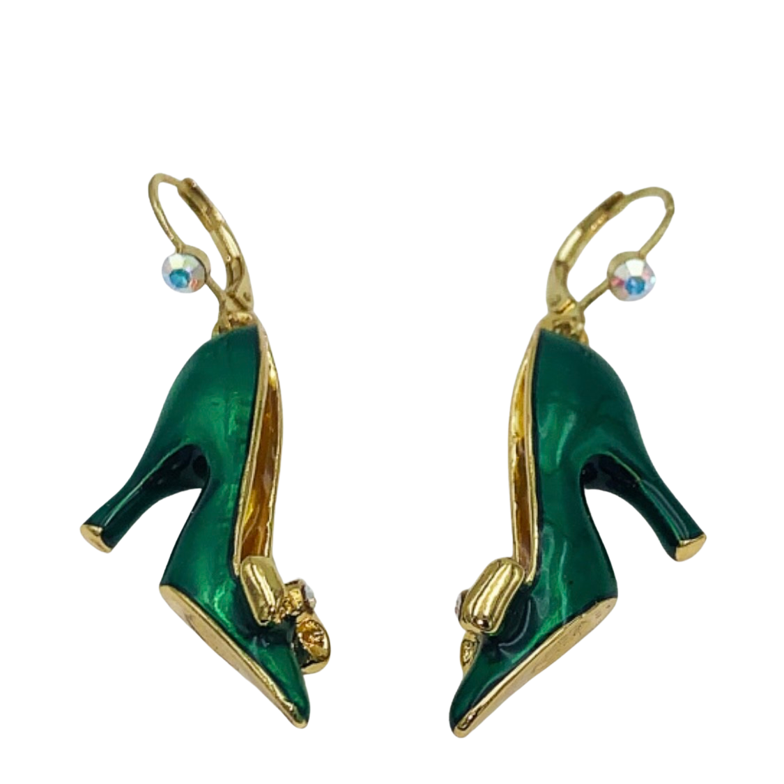 Vintage Butler & Wilson green enamel high heel shoe earrings in gold-tone metal with aurora borealis crystal accents, brand new in original pink box.