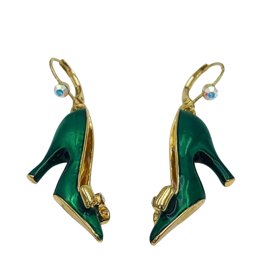Vintage Butler & Wilson green enamel high heel shoe earrings in gold-tone metal with aurora borealis crystal accents, brand new in original pink box.