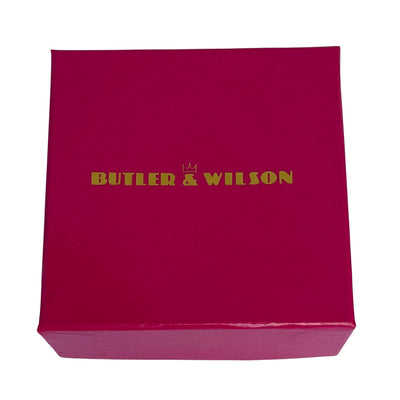 pink box containing vintage Butler & Wilson green enamel high heel shoe earrings in gold-tone metal with aurora borealis crystal accents, brand new in original pink box.
