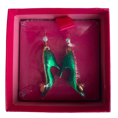 Vintage Butler & Wilson green enamel high heel shoe earrings in gold-tone metal with aurora borealis crystal accents, brand new in original pink box.