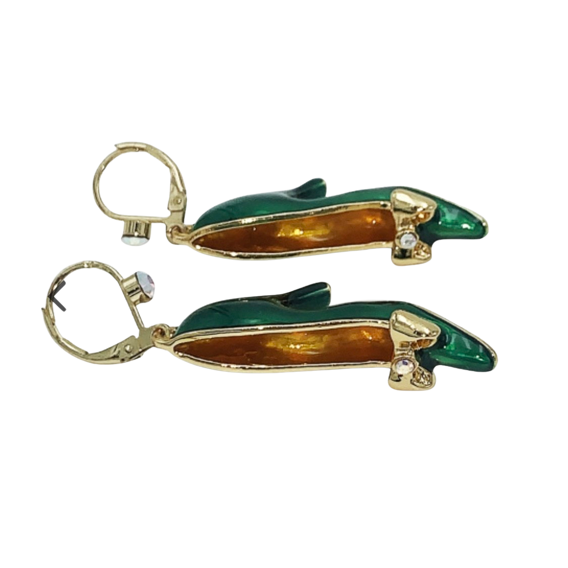 Vintage Butler & Wilson green enamel high heel shoe earrings in gold-tone metal with aurora borealis crystal accents, brand new in original pink box.