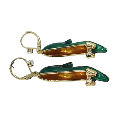 Vintage Butler & Wilson green enamel high heel shoe earrings in gold-tone metal with aurora borealis crystal accents, brand new in original pink box.