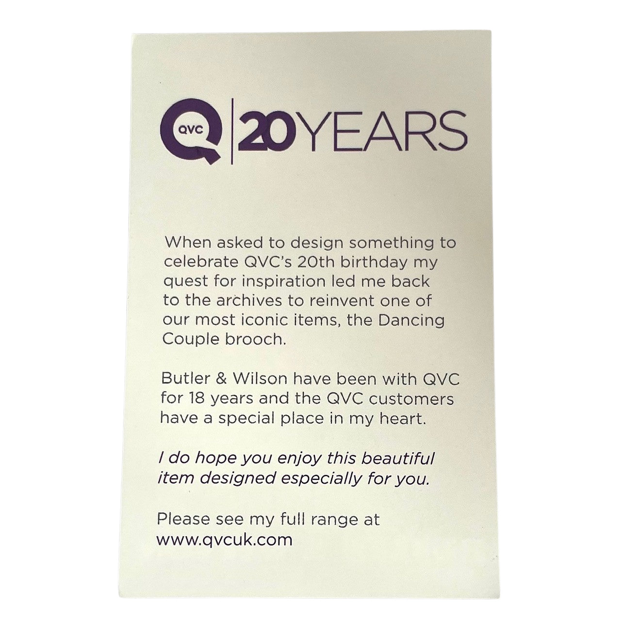 20th birthday card with text and logo on a beige background for Large Butler & Wilson Limited Edition Dancing Couple brooch featuring a lilac Swarovski crystal dress with seven articulated strands and a crimson crystal tuxedo.