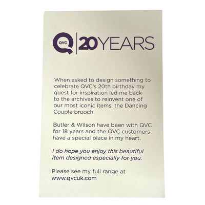 20th birthday card with text and logo on a beige background for Large Butler & Wilson Limited Edition Dancing Couple brooch featuring a lilac Swarovski crystal dress with seven articulated strands and a crimson crystal tuxedo.
