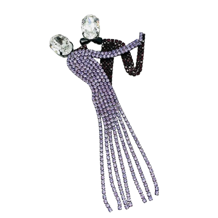 Large Butler & Wilson Limited Edition Dancing Couple brooch featuring a lilac Swarovski crystal dress with seven articulated strands and a crimson crystal tuxedo.