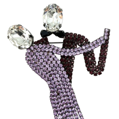 Large Butler & Wilson Limited Edition Dancing Couple brooch featuring a lilac Swarovski crystal dress with seven articulated strands and a crimson crystal tuxedo.