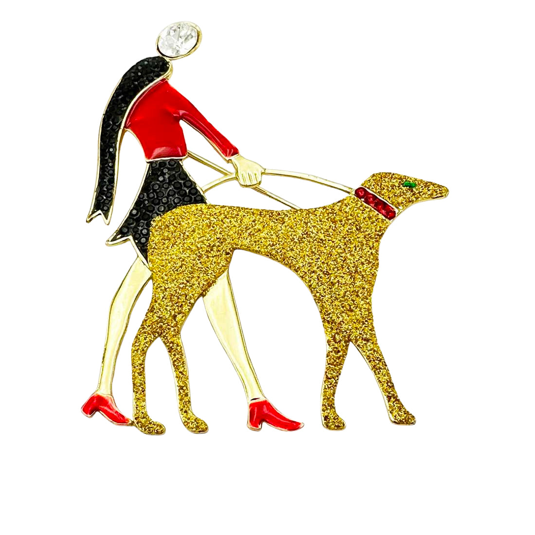 Butler and Wilson Art Deco brooch of a flapper lady in red enamel walking a gold glitter hound dog.