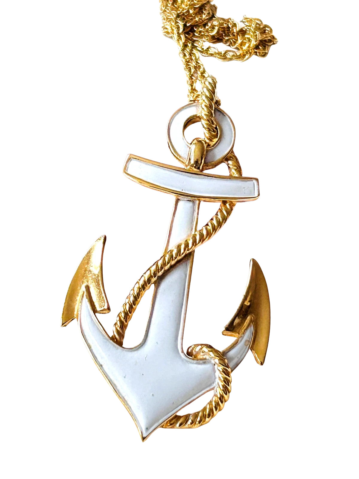 vintage mid-century Crown Trifari gold-tone anchor pendant necklace featuring a white enamel finish and an entwined textured marine rope accent.