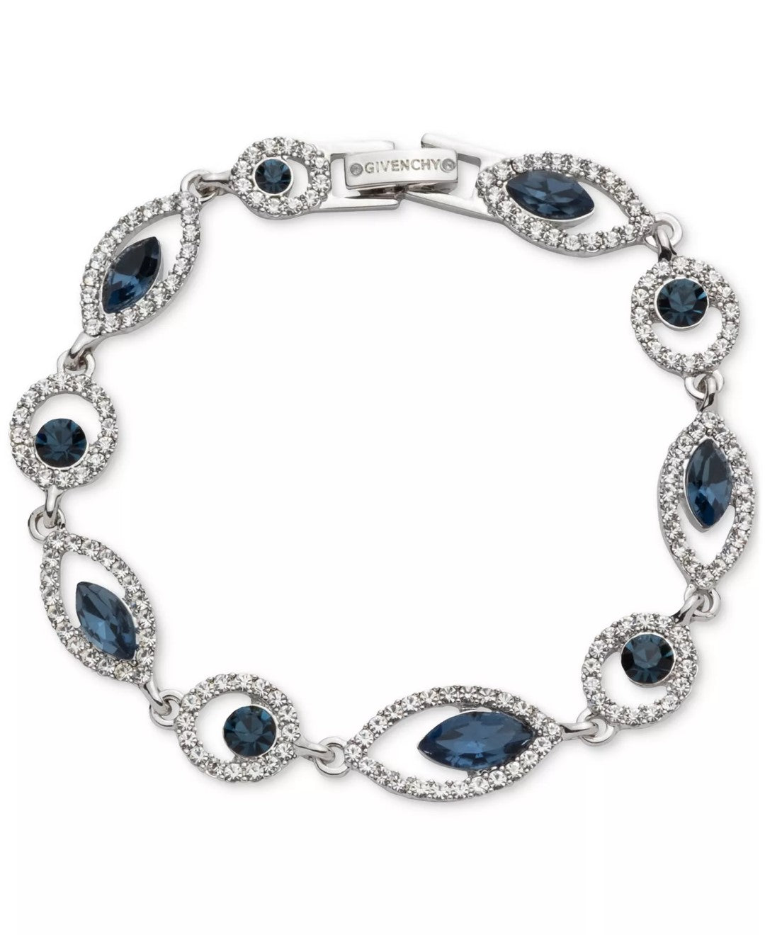 Silver bracelet with blue and clear crystal stones and Givenchy logo on a white background