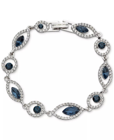 Silver bracelet with blue and clear crystal stones and Givenchy logo on a white background