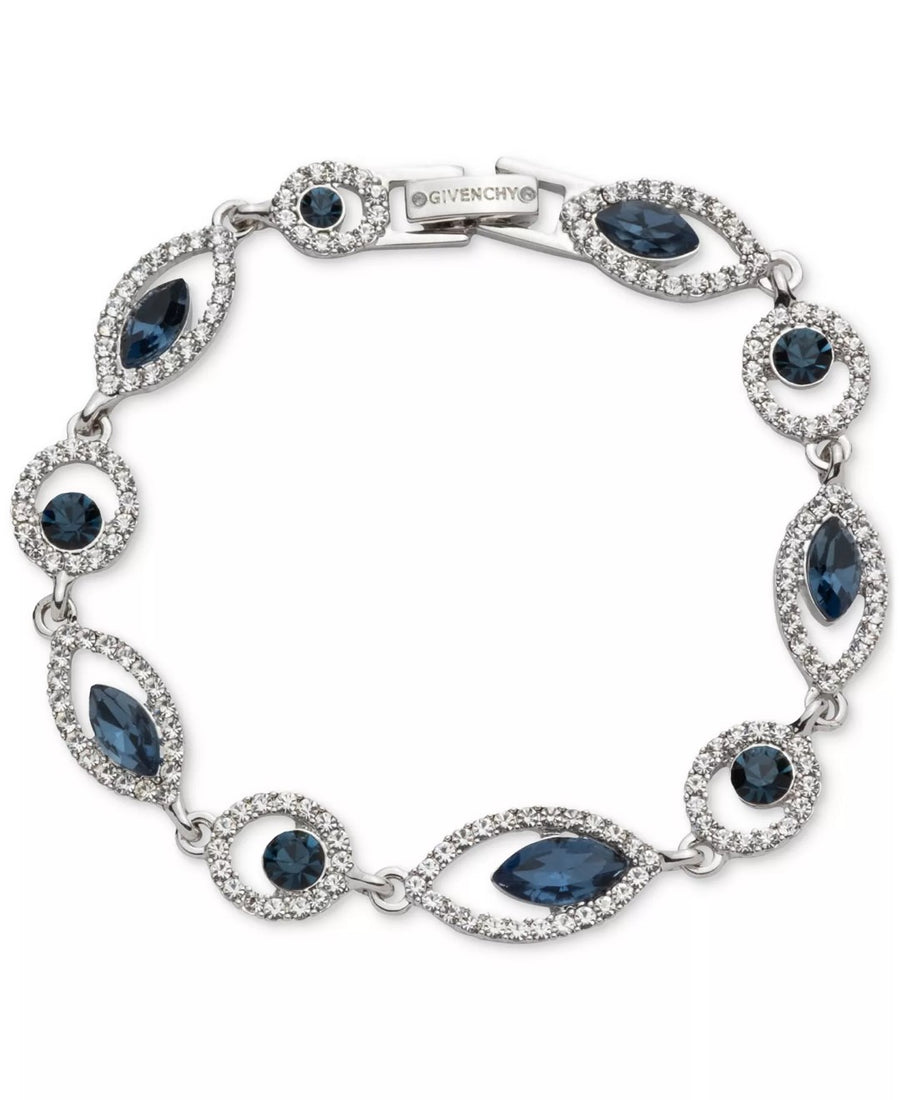 Silver bracelet with blue and clear crystal stones and Givenchy logo on a white background