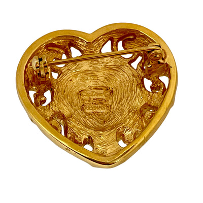 1980s Christian Dior gold-plated filigree heart brooch with a crystal-encrusted pavé centre heart the pin mechanism and Christian Dior © Germany backstamp