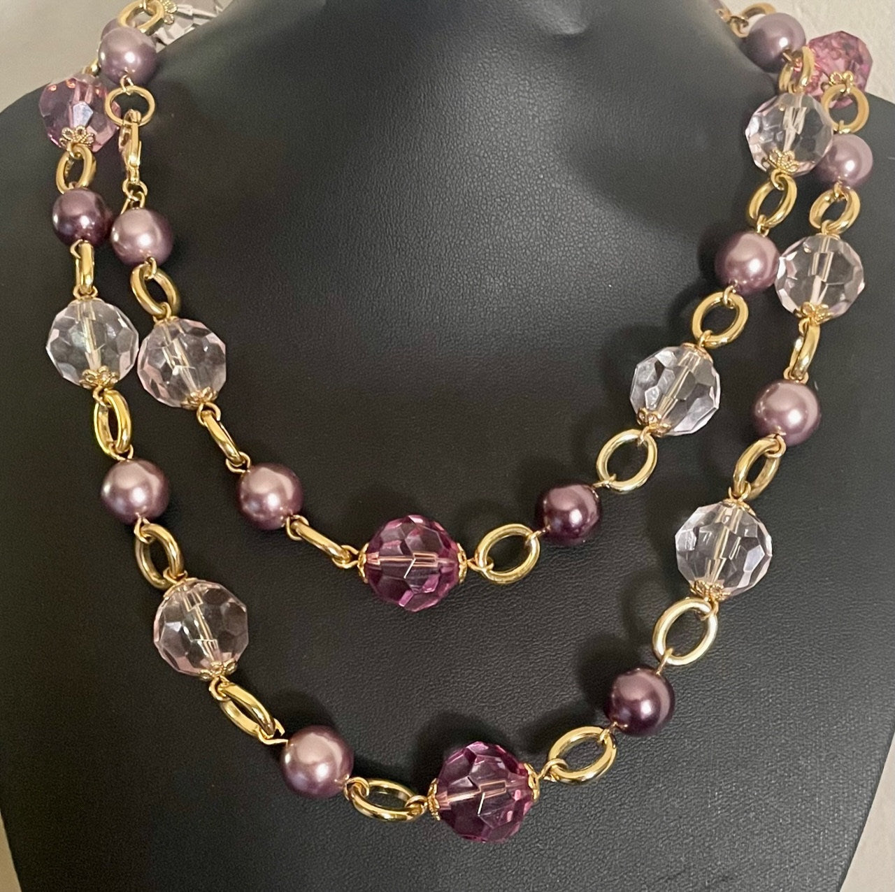 Vintage Kenneth Jay Lane 44" Purple Faux Pearl Long Statement Necklace, 1990s