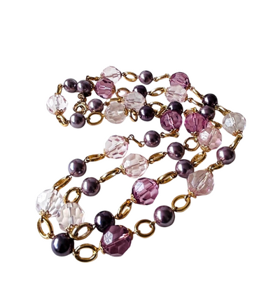 Vintage Kenneth Jay Lane 44" Purple Faux Pearl Long Statement Necklace, 1990s