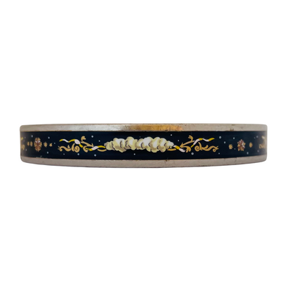 Vintage Hermès Paris enamel bangle, midnight black with multicolour celestial motif of clouds, stars and scrollwork, silver tone, made in Austria by Michaela Frey