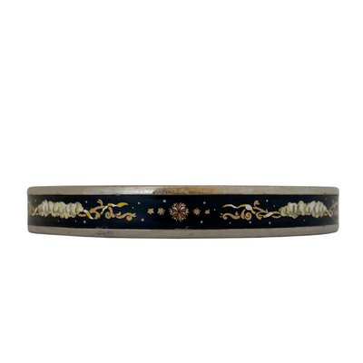 Vintage Hermès Paris enamel bangle, midnight black with multicolour celestial motif of clouds, stars and scrollwork, silver tone, made in Austria by Michaela Frey