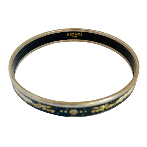 Vintage Hermès Paris enamel bangle, midnight black with multicolour celestial motif of clouds, stars and scrollwork, silver tone, made in Austria by Michaela Frey, showing Hermes signature