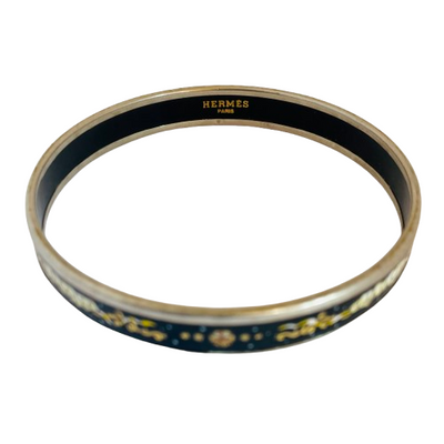 Vintage Hermès Paris enamel bangle, midnight black with multicolour celestial motif of clouds, stars and scrollwork, silver tone, made in Austria by Michaela Frey, showing Hermes signature