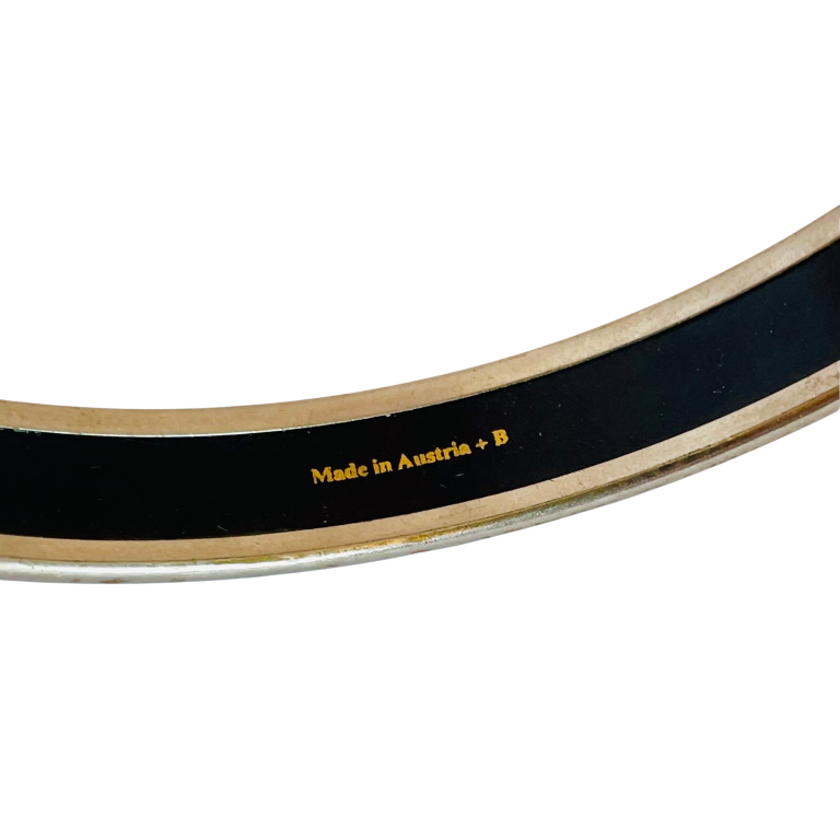 Vintage Hermès Paris enamel bangle, midnight black with multicolour celestial motif of clouds, stars and scrollwork, silver tone, showing made in Austria + B by Michaela Frey
