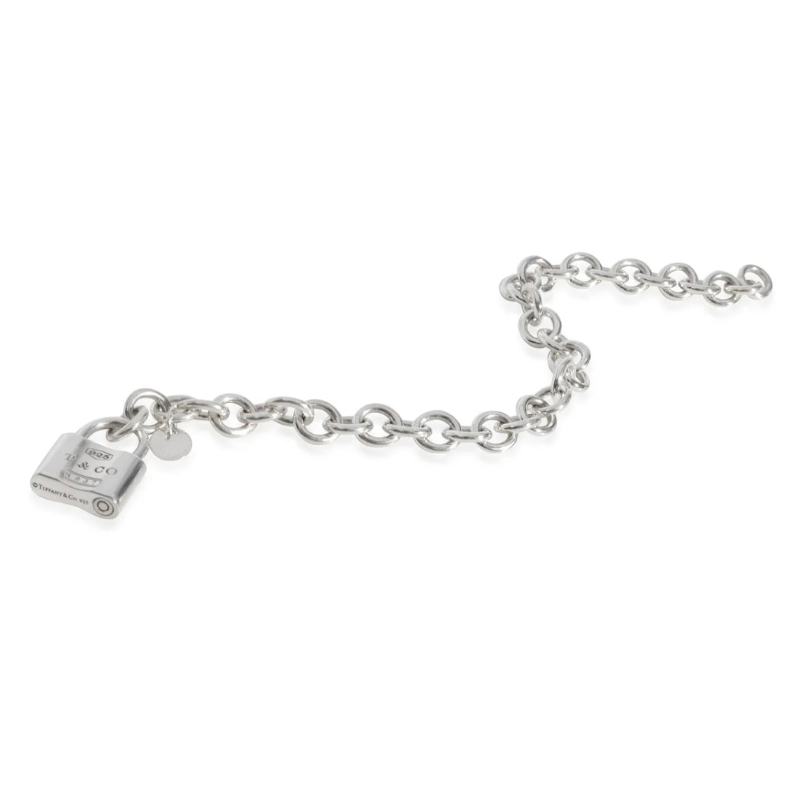 Vintage Tiffany & Co 1837 sterling slver padlock charm bracelet with heavy rolo links  shown undone on white background