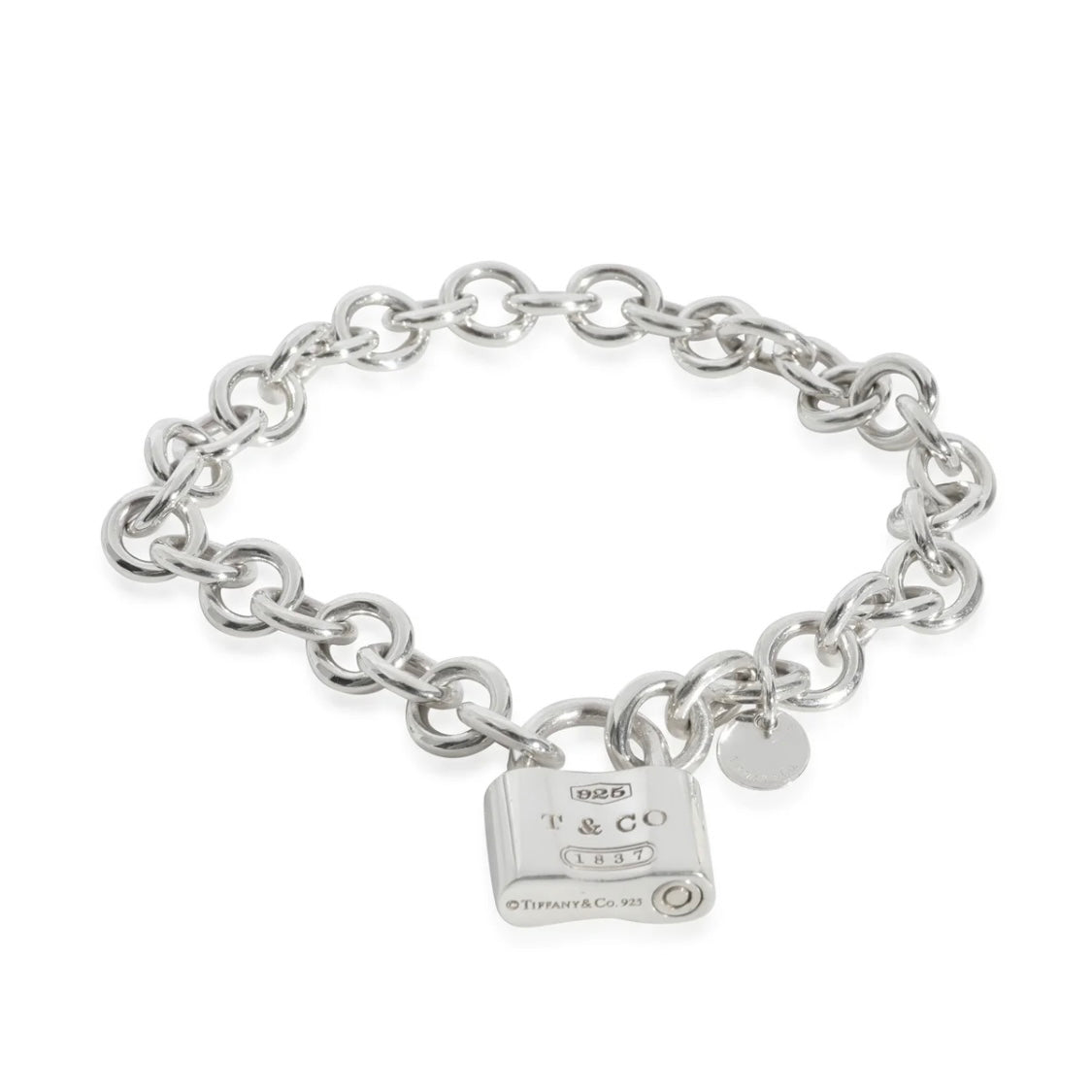 Vintage Tiffany & Co 1837 sterling slver padlock charm bracelet with heavy rolo links, showing hallmarks on padlock.