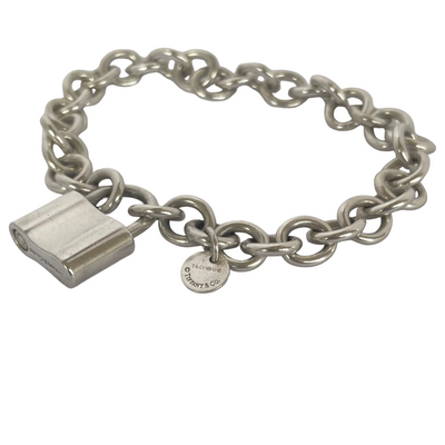 Vintage Tiffany & Co 1837 sterling slver padlock charm bracelet with heavy rolo links  showing reverse of padlock on white background