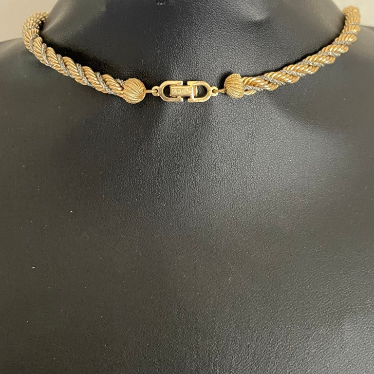 Vintage Christian Dior twisted rope necklace, 80cm gold and silver-tone, signed Chr. Dior, by Henkel & Grosse. 1970s-1980s, excellent condition, showing clasp