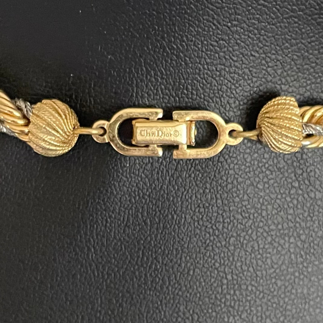 Vintage Christian Dior twisted rope necklace, 80cm gold and silver-tone, signed Chr. Dior, by Henkel & Grosse. 1970s-1980s, excellent condition, showing Chr. Dior © backstamp