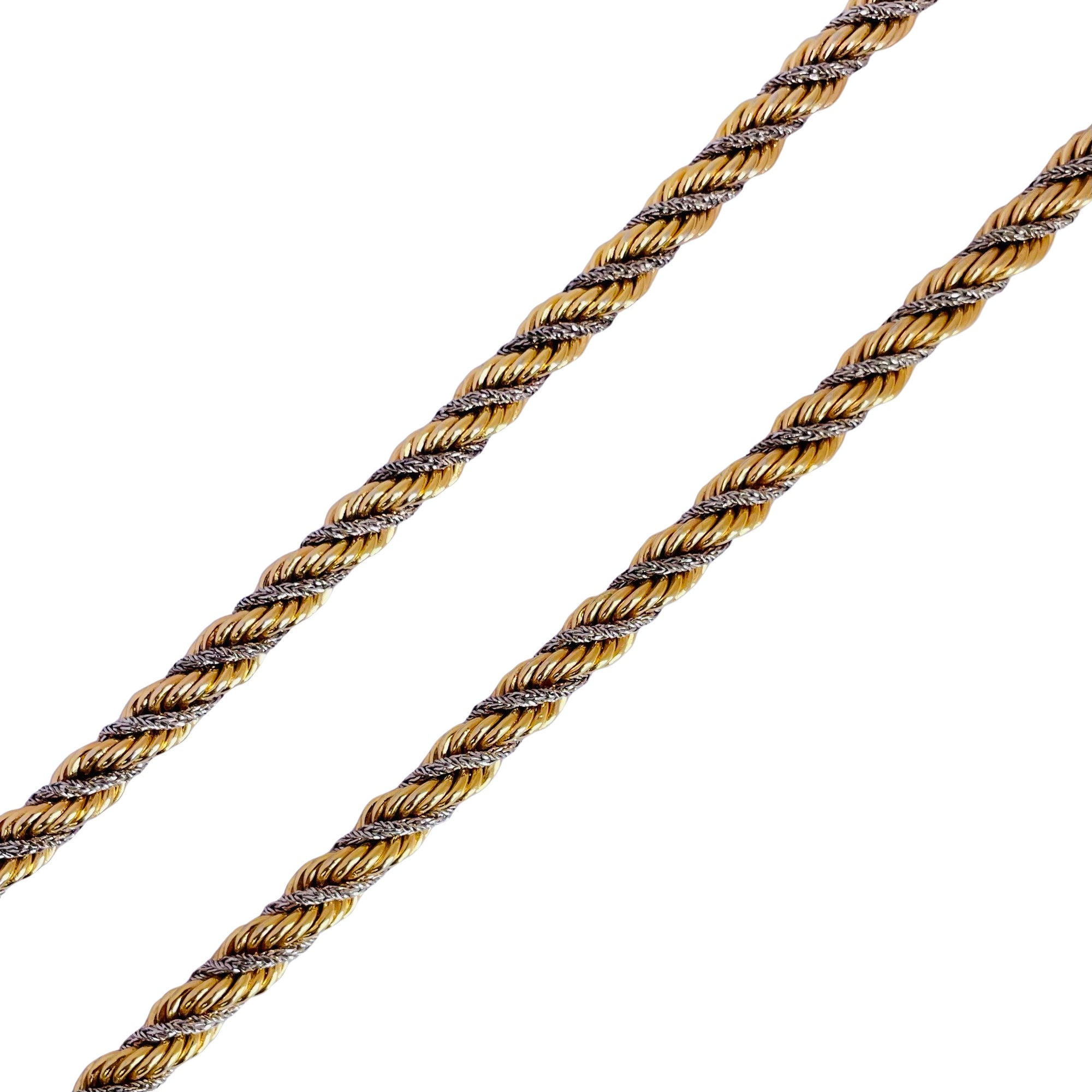 close up of vintage Christian Dior twisted rope necklace, 80cm gold and silver-tone, signed Chr. Dior, by Henkel & Grosse. 1970s-1980s, excellent condition