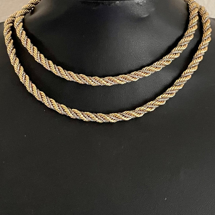 Vintage Christian Dior twisted rope necklace, 80cm gold and silver-tone, signed Chr. Dior, by Henkel & Grosse. 1970s-1980s, excellent condition, shown on bust