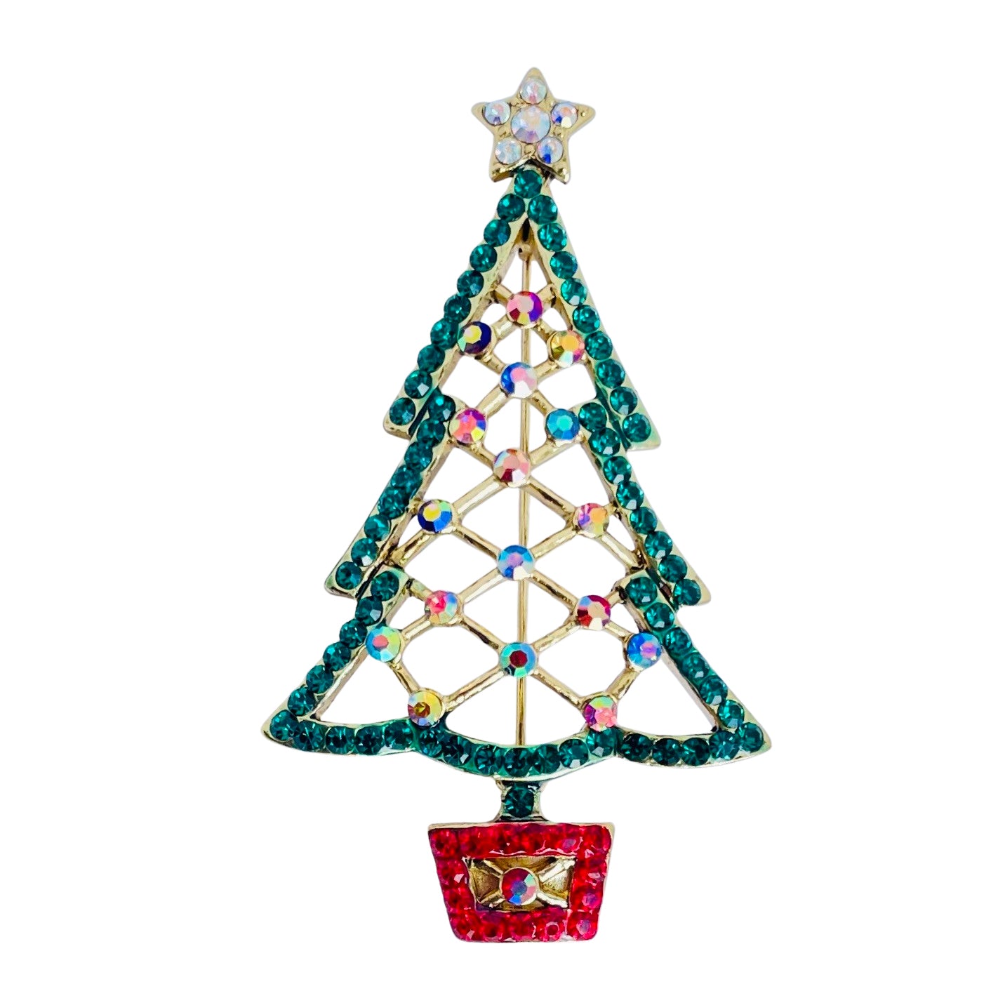 A Butler and Wilson open lattice Christmas tree brooch sett with sparkling green crystals and aurora borealis crystals topped with golden star set with aurora borealis crystals  in pavé set crystal stand.