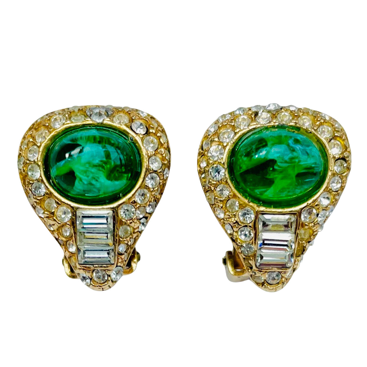 Pair of vintage Christian Dior clip earrings with emerald green poured glass and baguette crystal detail