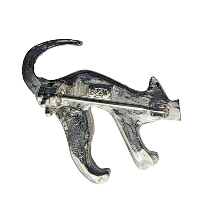 rer view of the vintage Butler & Wilson cat brooch showing the depth of the metalwork and the secure metal pin stem assembly together with the B&W backstamp.