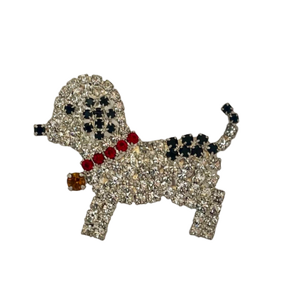Vintage Butler & Wilson silver-tone crystal puppy dog brooch with black eye and spots, ruby-red crystal collar and amber crystal charm