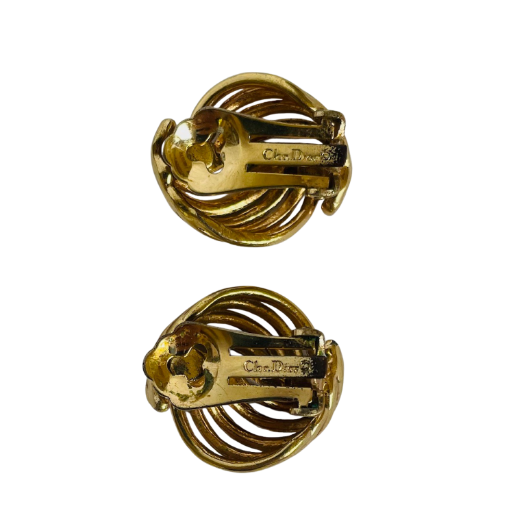 Pair of vintage 1980s gold Dior ribbon swirl clip-on earrings showing Chr. Dior © backstamp on the ear clips