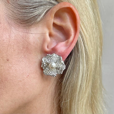 Vintage Kenneth Jay Lane Crystal and Pearl Floral Camellia Stud Earrings, 1990s