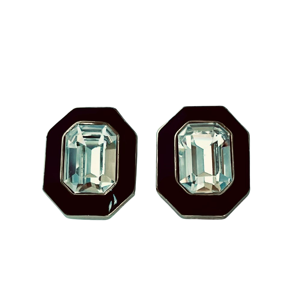 Vintage Trifari Art Deco revival earrings with emerald-cut clear crystals and an octagonal black enamel border.