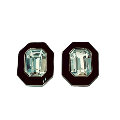 Vintage Trifari Art Deco revival earrings with emerald-cut clear crystals and an octagonal black enamel border.
