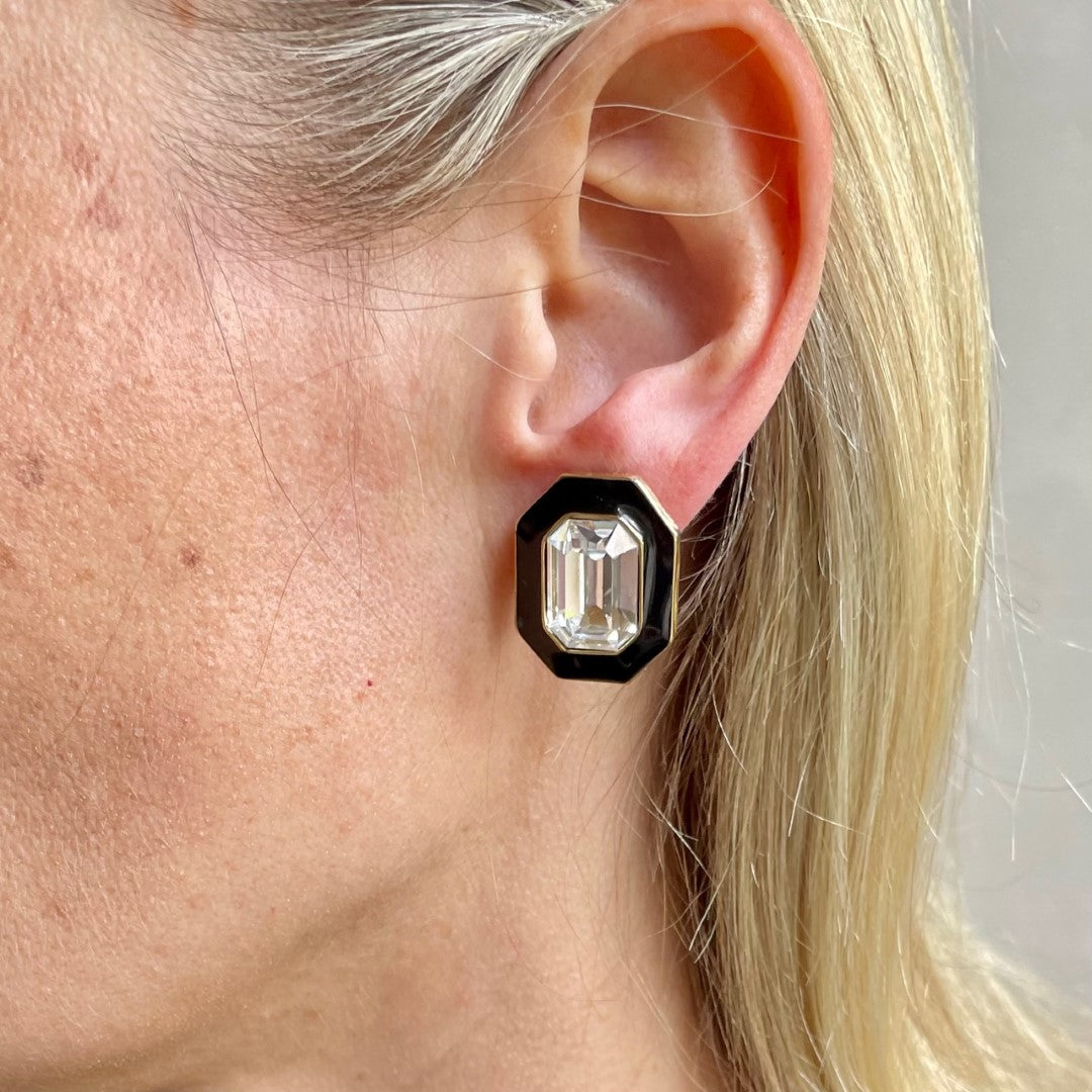 Vintage Trifari Art Deco Revival Crystal and Black Enamel Post Earrings