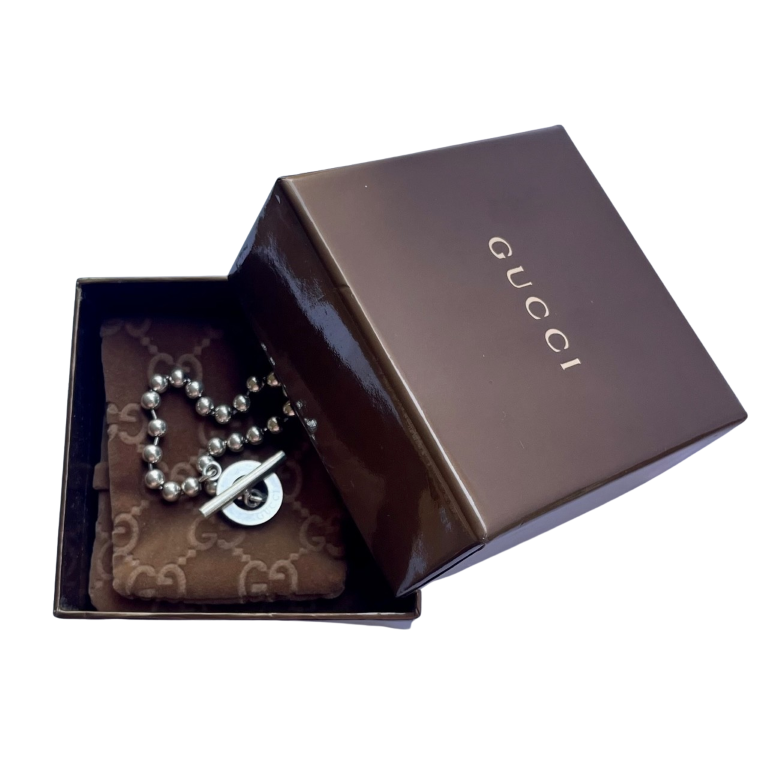 Vintage Gucci sterling silver ball chain toggle bracelet with original monogrammed box and pouch