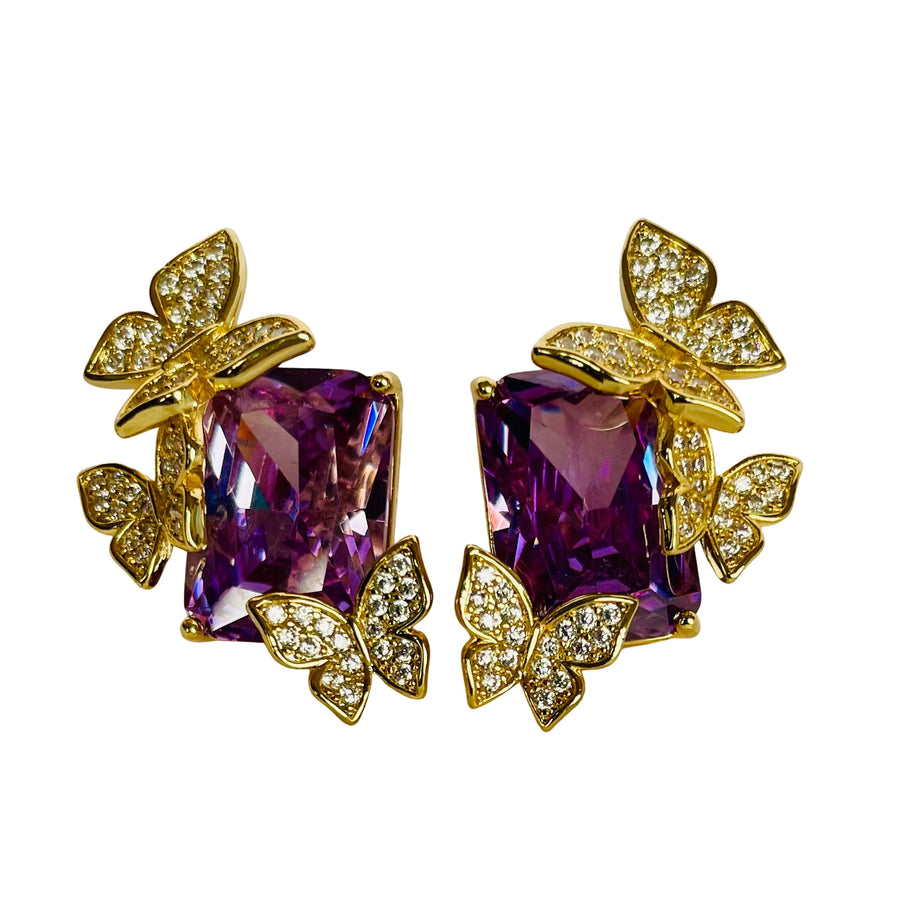 Butler & Wilson statement earrings with emerald-cut purple crystals and pavé butterfly design in gold-tone setting, boxed, unworn.