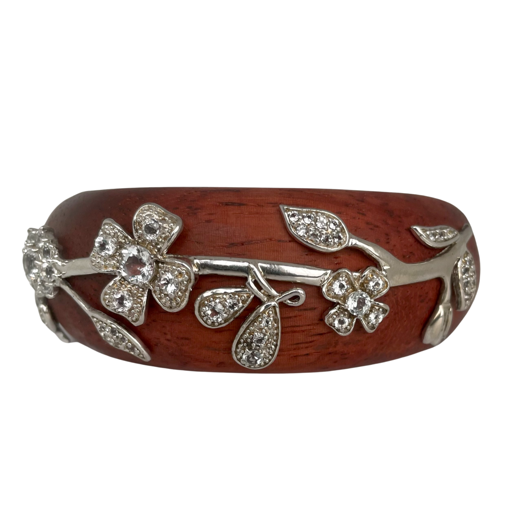 A Vintage Wooden Cuff Bracelet with Colourless Sapphires