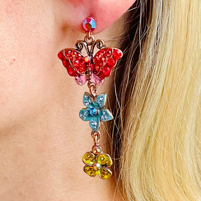 Vintage Butler & Wilson Crystal Butterfly and Flower Drop Stud Earrings