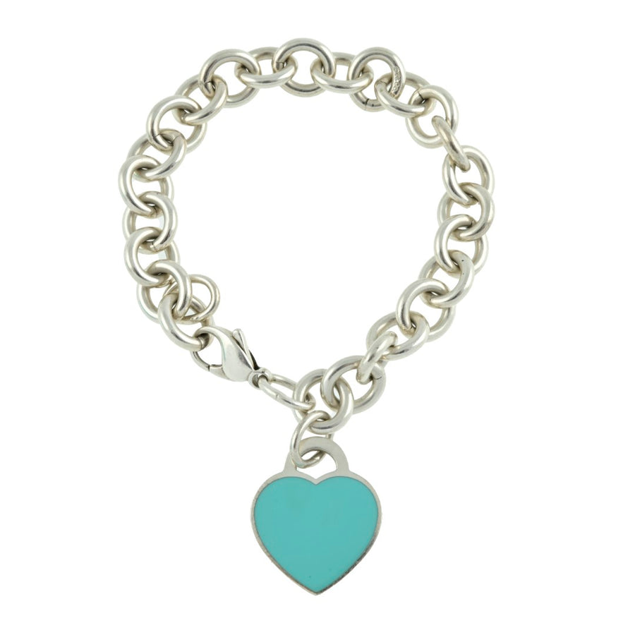 Tiffany & Co Return to Tiffany silver chain bracelet with tiffany blue heart charm on a white background