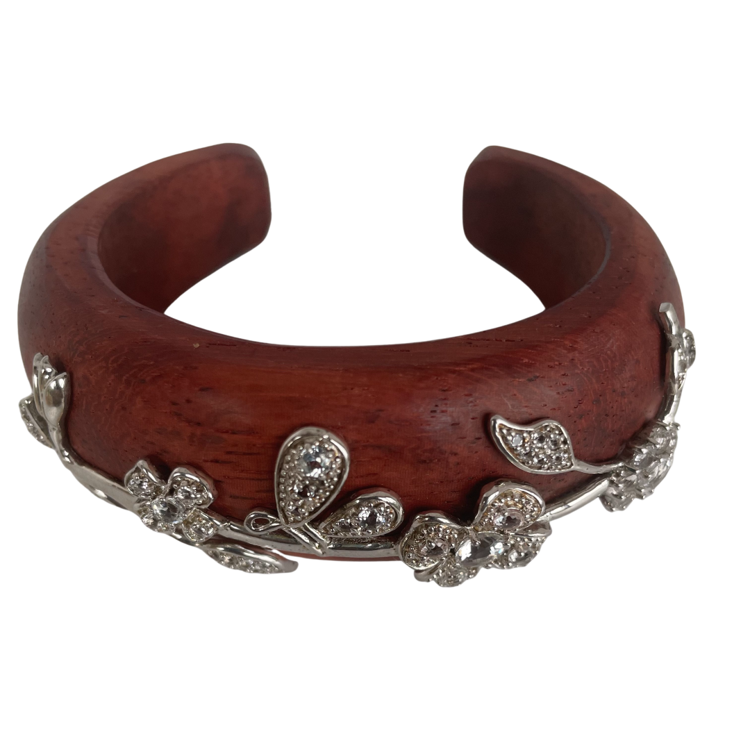 A Vintage Wooden Cuff Bracelet with Colourless Sapphires
