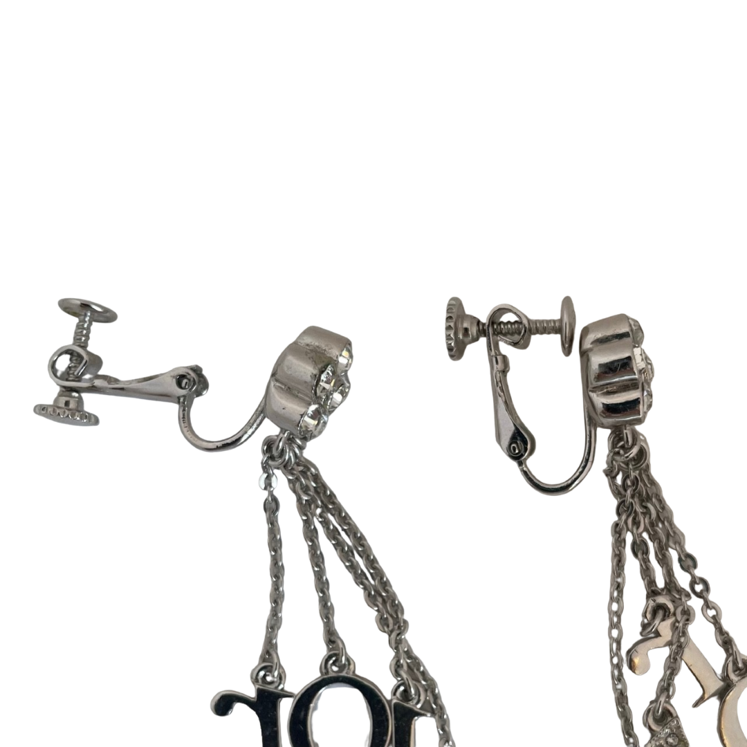 Vintage Christian Dior Crystal Logo Charm Clip-On Earrings, Y2K Galliano Era