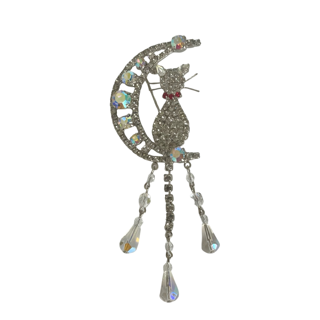 A Vintage Butler & Wilson Cat on Crescent Moon with Dangles Large Brooch