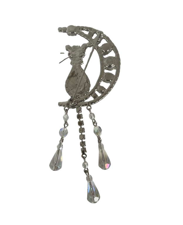 A Vintage Butler & Wilson Cat on Crescent Moon with Dangles Large Brooch